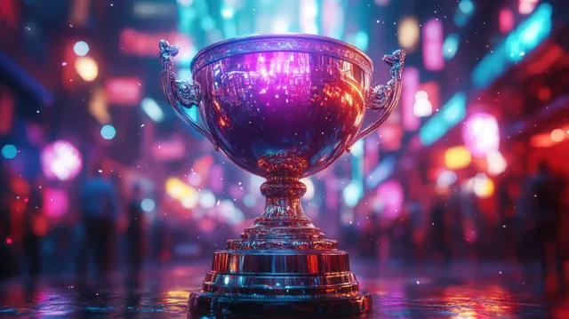 Glowing esports champion trophy on neon-lit arena stage, cinematic blurred crowd lights