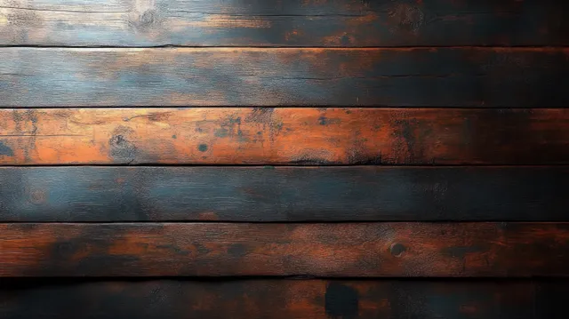 Weathered dark wooden planks with rusty orange streaks and textured grain in a close-up view.