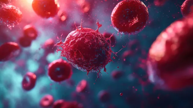 Red blood cells flowing through a microscopic bloodstream, glowing with vivid lighting effects