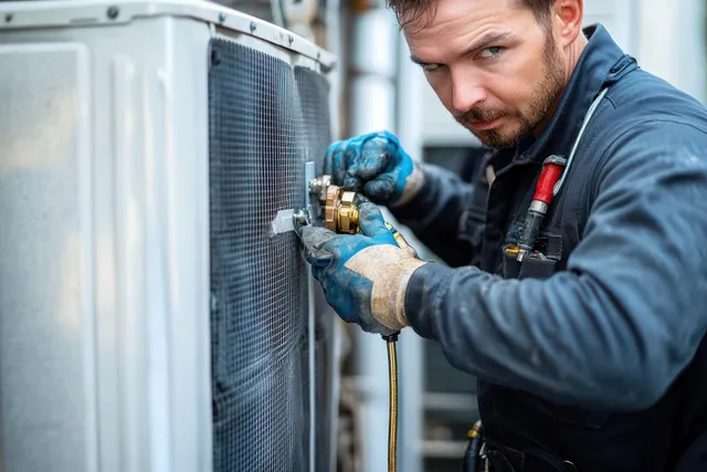 Technician in blue gloves tightens fittings on an outdoor air conditioning unit beside a metal service panel.