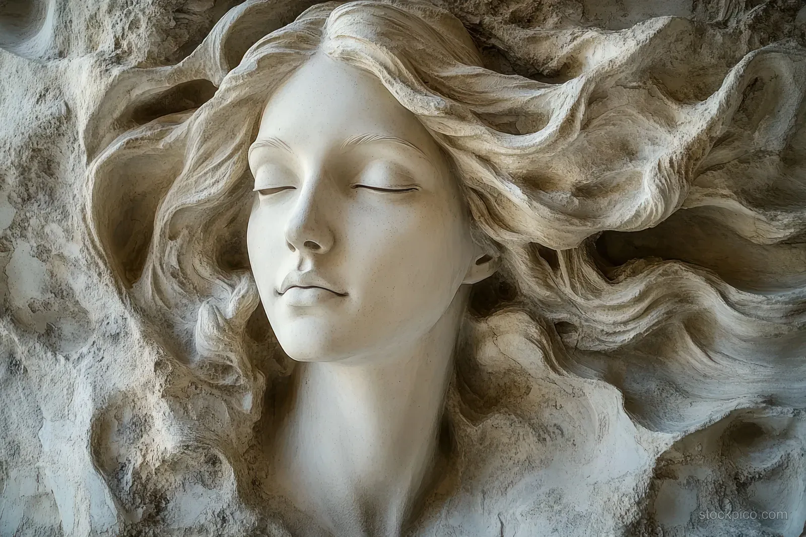Serene woman sculpture with closed eyes and flowing hair emerging from a textured stone background.