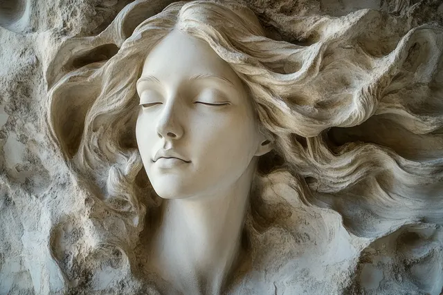 Serene woman sculpture with closed eyes and flowing hair emerging from a textured stone background.
