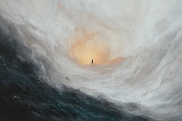 A lone silhouette stands in swirling mist beneath warm glowing twilight clouds.