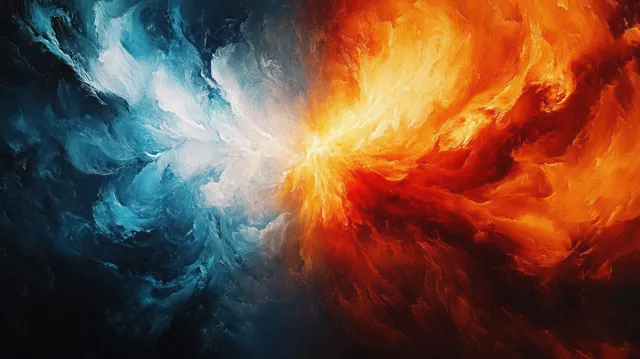 Abstract fire and ice collide at the center with fiery orange and icy blue swirling energy under dark chiaroscuro lighting.