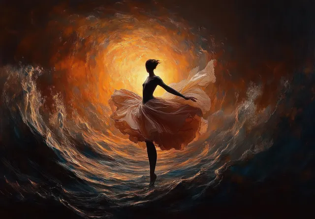 Silhouette of a dancer spinning in a swirling vortex of warm golden and dark blue light with a flowing dress.