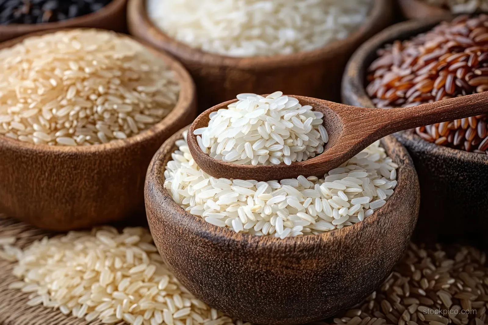 Assorted uncooked rice grains in wooden bowls and a wooden spoon on a textured grain surface.