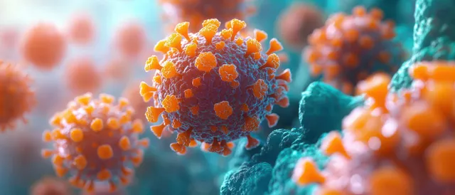 Spiky orange viral particles cluster near teal skin cells in a microscope-like view of infection.