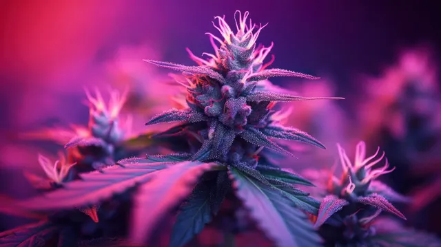 Macro view of a purple flowering bud with glittering trichomes under pink and violet lighting.