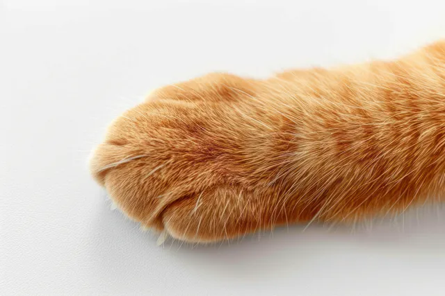 Orange cat paw with soft fur rests on a white textured surface, with a slightly extended claw visible.
