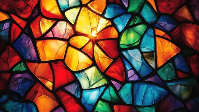 Colorful stained glass mosaic pattern filling the frame with bright geometric shards