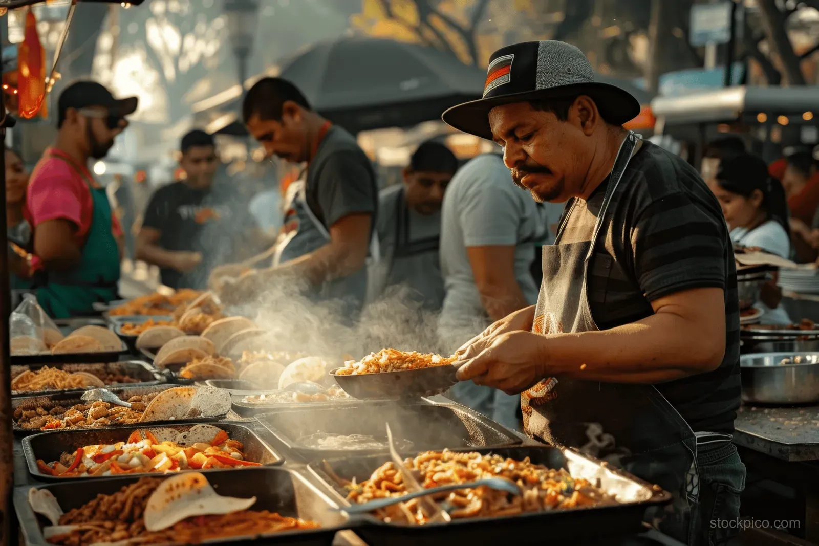 A street vendor grills Al Pastor tacos at a busy sidewalk stall as customers look on in Mexico City.