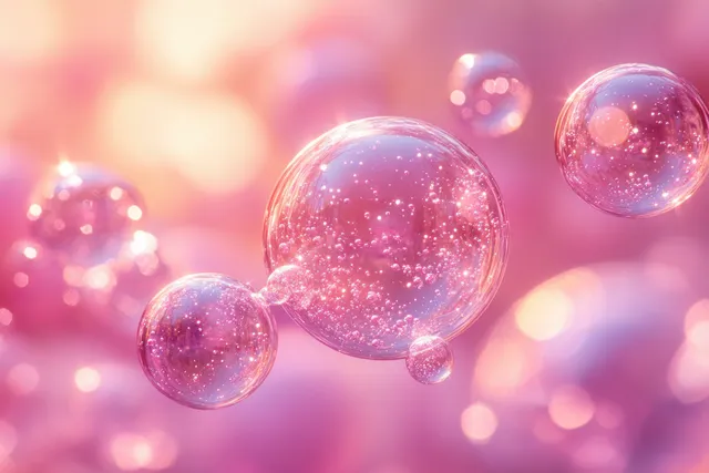Translucent pink bubbles float in a soft pastel background with glowing reflections and bokeh highlights.
