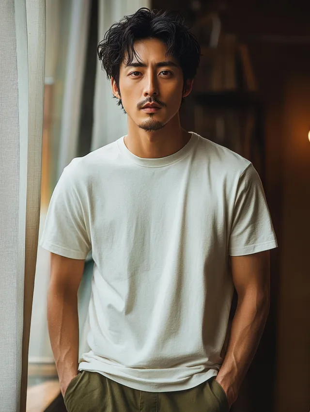 Young man in a white t-shirt stands indoors by a window with hands in pockets, natural light on his face.