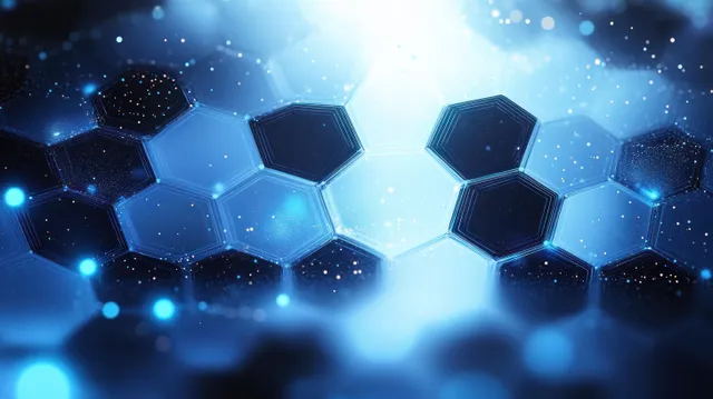 Blue hexagonal grid glows with scattered digital particles and bright light.