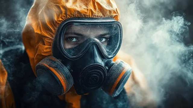 Construction worker in gas mask and goggles in a dusty environment with floating glass wool particles.
