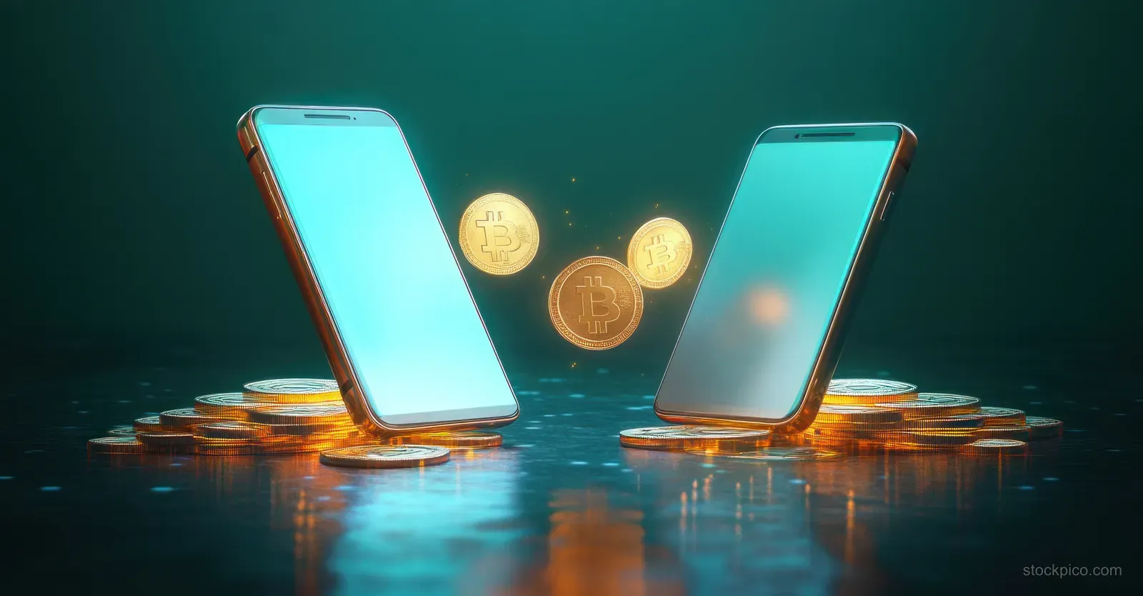 Two smartphones exchange glowing coins over a reflective surface in a teal futuristic scene.