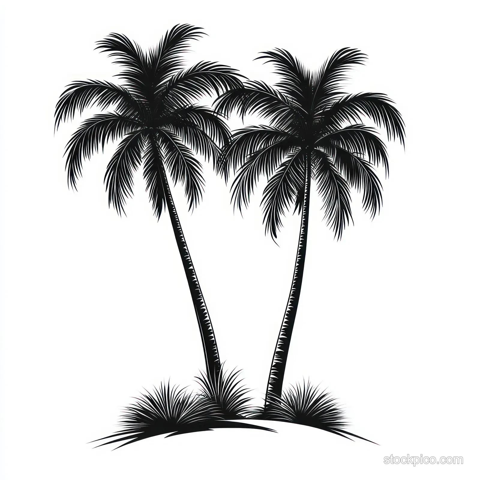Two black and white palm tree silhouettes rise from a small grassy mound with arching fronds.