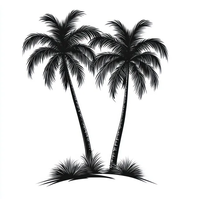 Black-and-white silhouette of two tall palm trees growing from a small mound