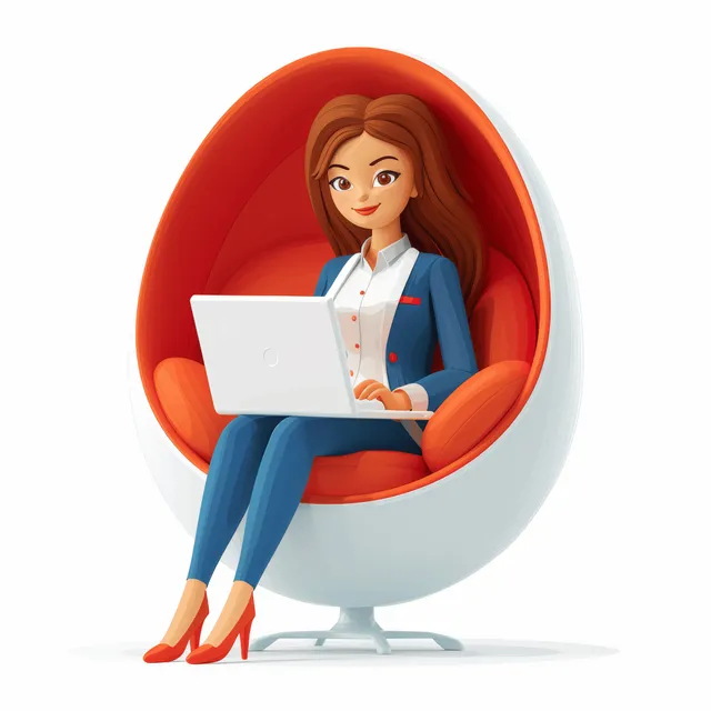 A 3D cartoon office woman sits in a red egg chair working on a laptop on a white background.