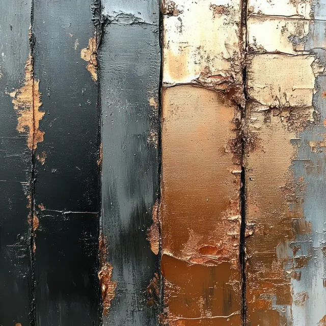 Close-up of rusted metal panels with peeling paint layers under natural light