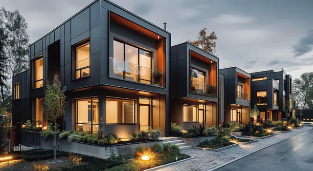 Modern dark gray townhouse row with wood-lined windows and warm lights at dusk