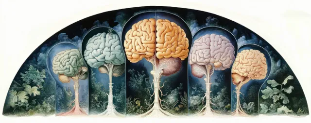 Five brain-shaped tree trunks under glass domes with visible roots reaching into surrounding green foliage.