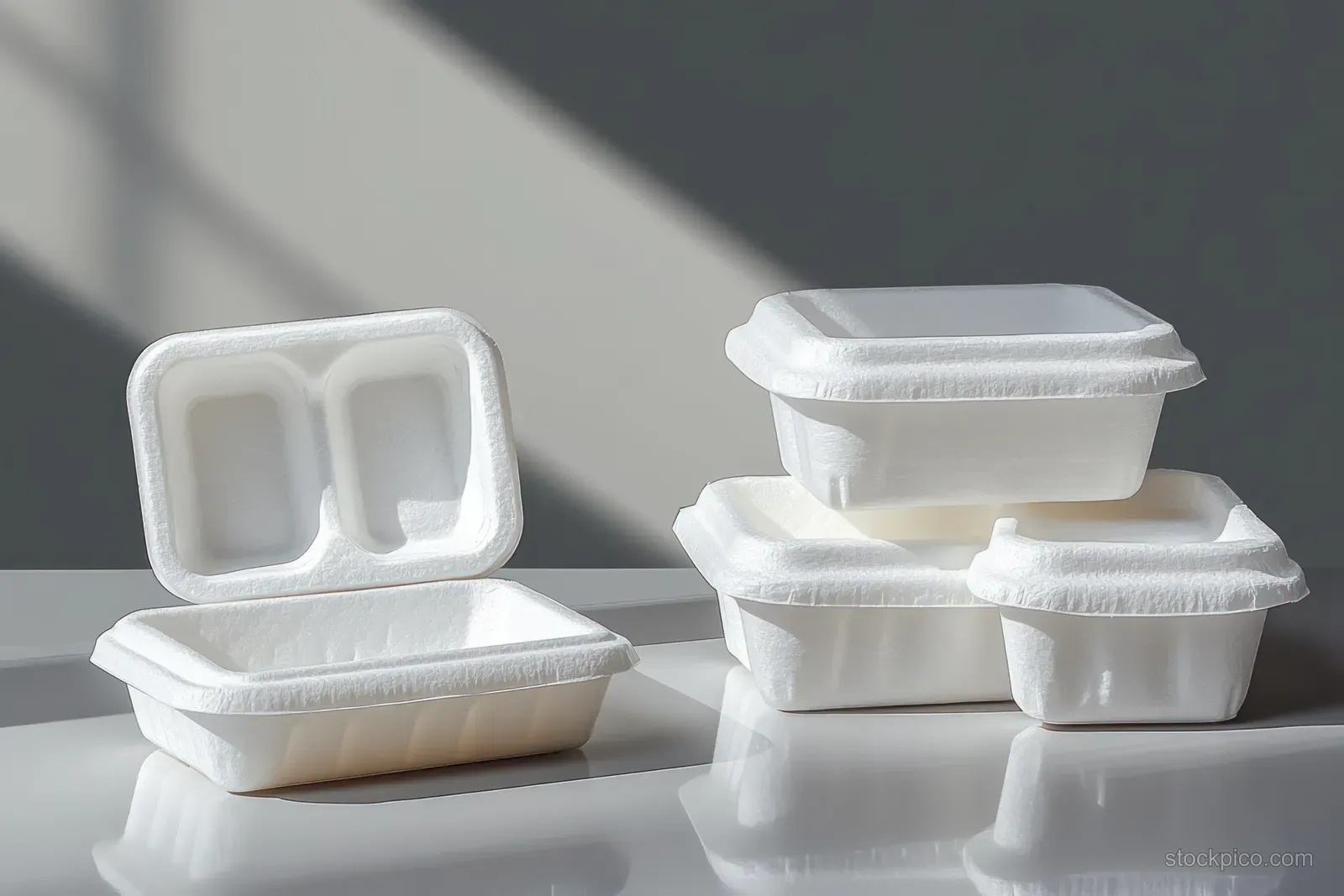 Stacked white styrofoam food takeout containers with lids rest on a reflective tabletop with soft shadows.