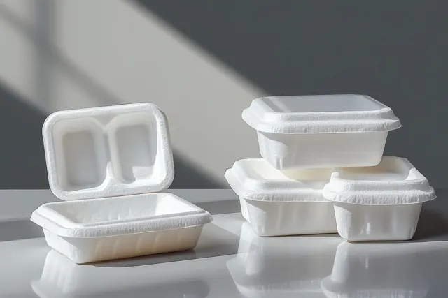 Stacked white styrofoam food takeout containers with lids rest on a reflective tabletop with soft shadows.