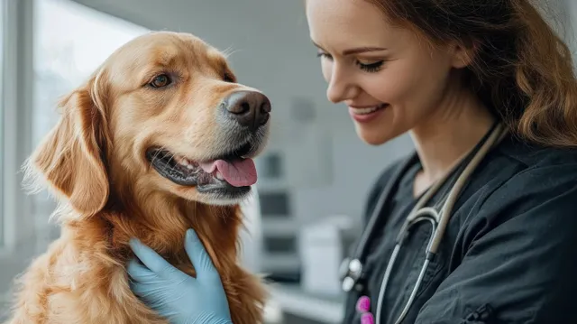 A female veterinarian gently examines a golden retriever in a modern clinic with a stethoscope nearby.