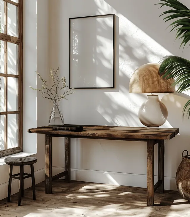 Rustic desk with lamp and framed poster in a sunlit boho living room beside a window and tropical plants.