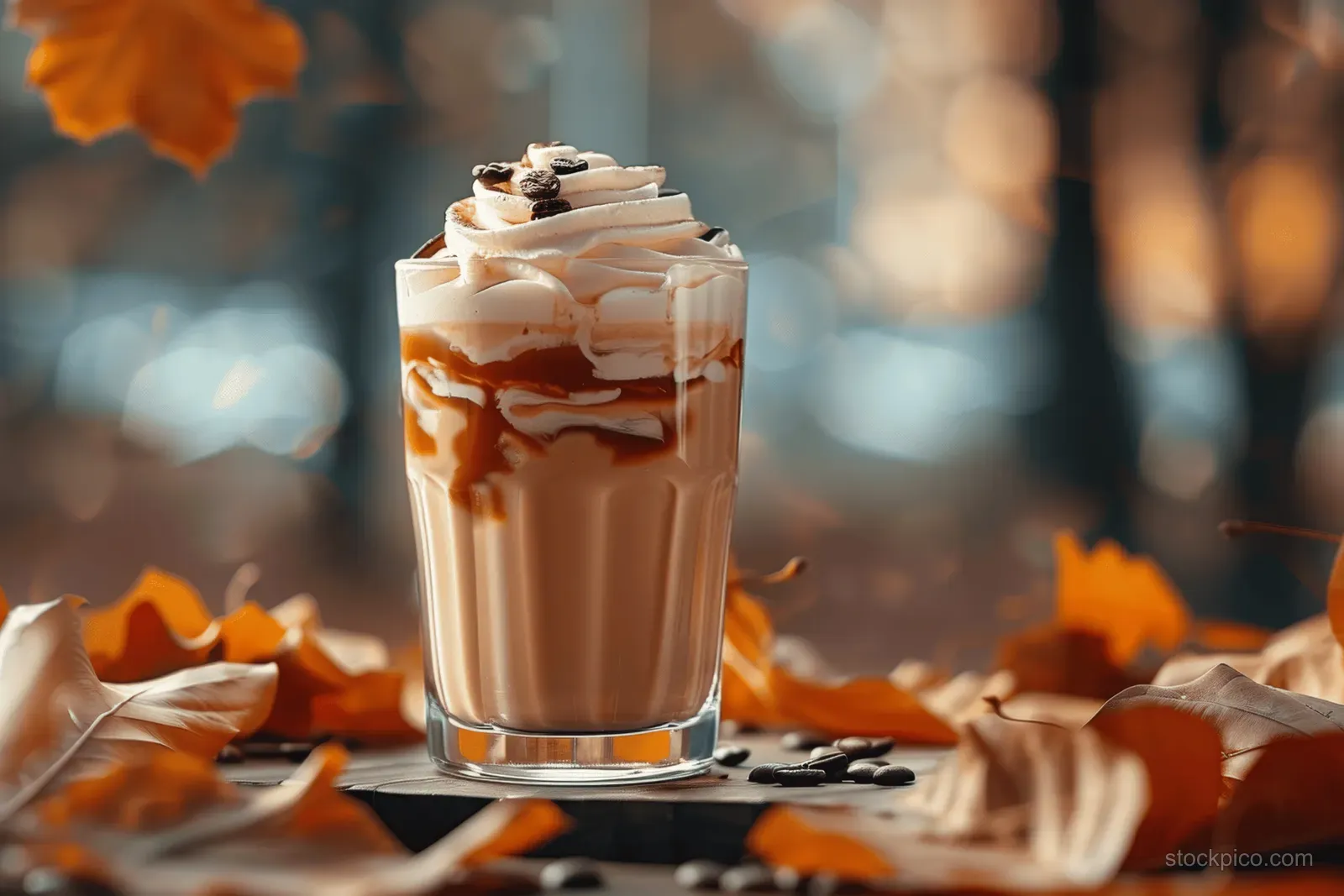 A pumpkin cream cold brew latte in a glass topped with whipped cream among autumn leaves.