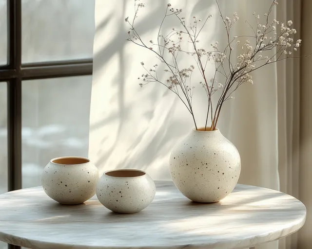 Three speckled ceramic bud vases sit on a round marble table, with thin branches silhouetted by window sunlight.