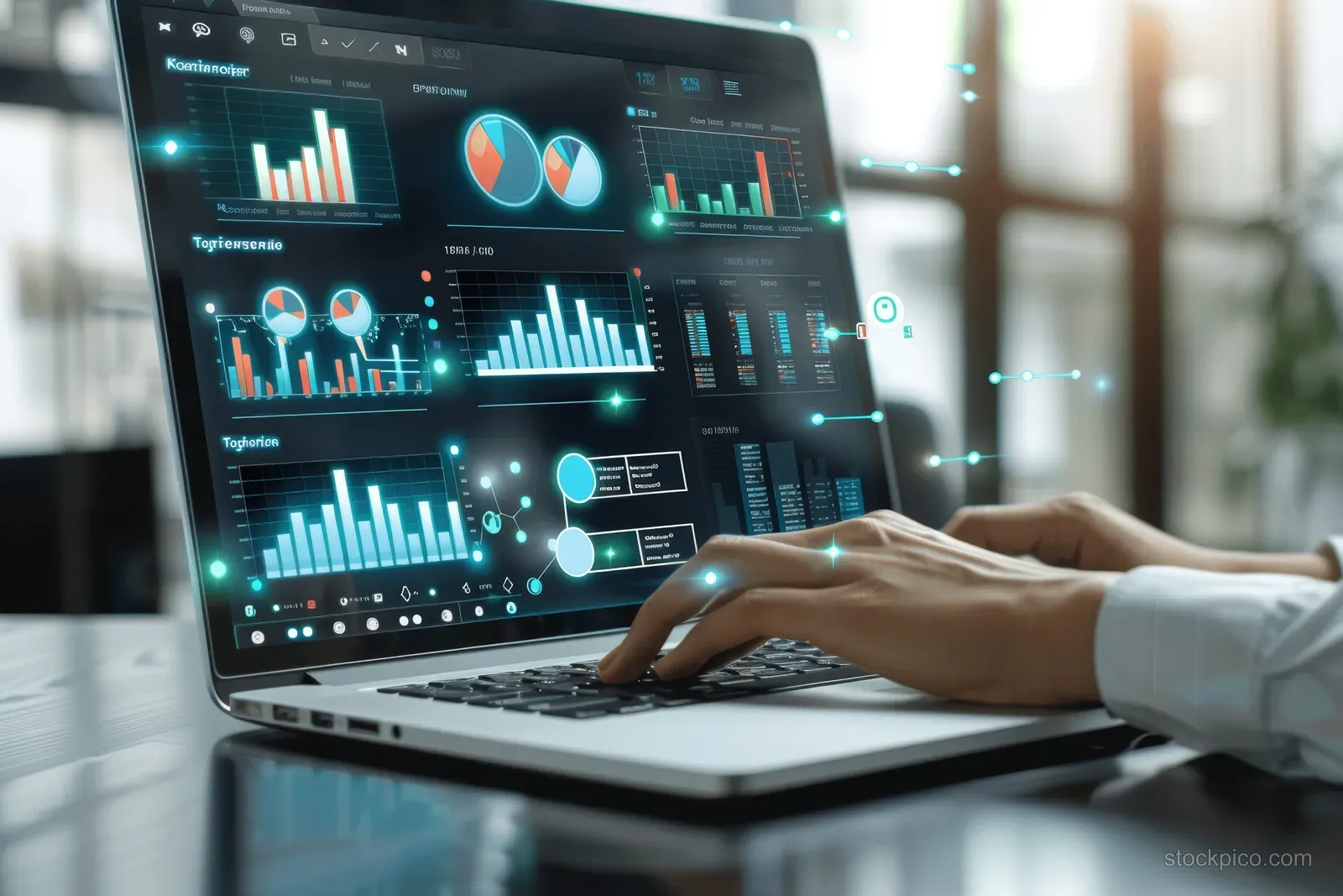 Hand operating a laptop showing a KPI dashboard with finance, marketing, and operations charts.