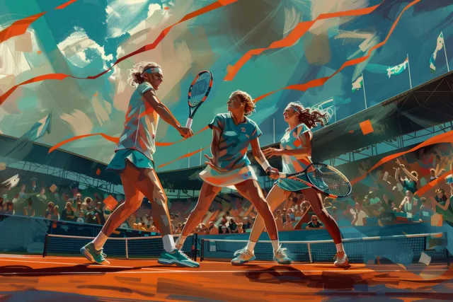 Dutch women doubles players sprint toward a bronze medal tennis rally on court