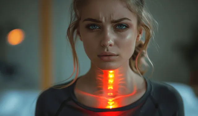 A woman holds her lower back while a glowing red spine pain indicator appears against clinical lighting.