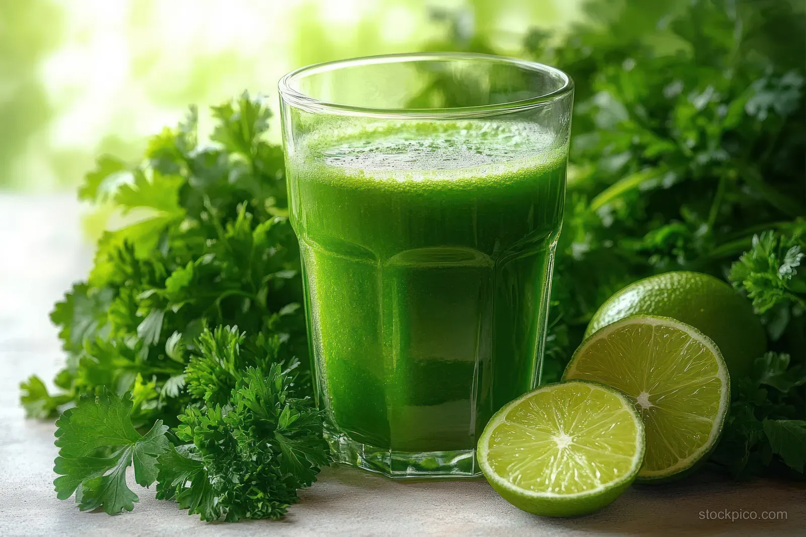 A glass of green parsley juice with lime slices and parsley bunches on a light background.