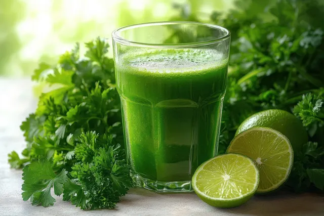 Glass of fresh green parsley juice with lime slices on a light surface
