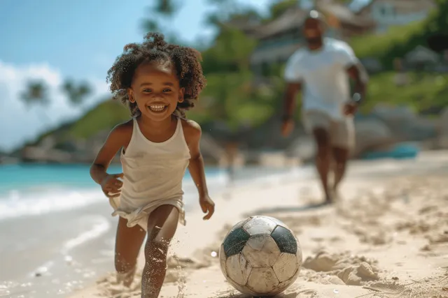 Smiling young girl with curly hair chasing a soccer ball on a sunny beach