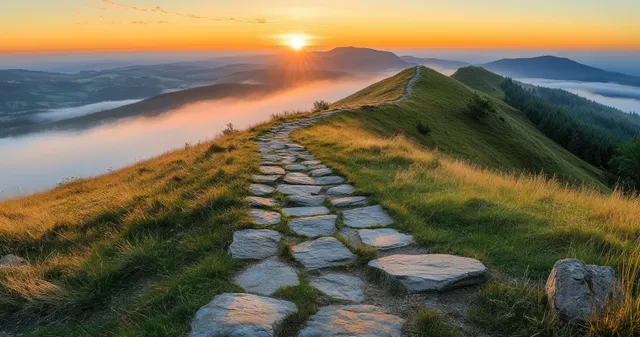 Cobblestone path winding across grassy green hills at sunrise with mist over a distant valley.