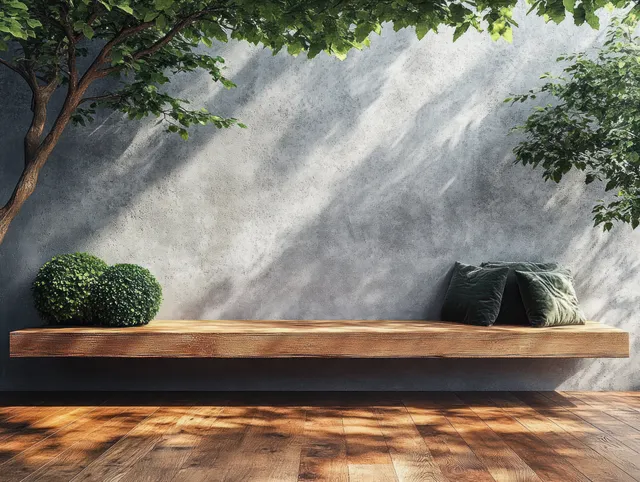 A wooden bench sits against a rough concrete wall on a warm terrace floor with dappled sunlight and green foliage nearby.