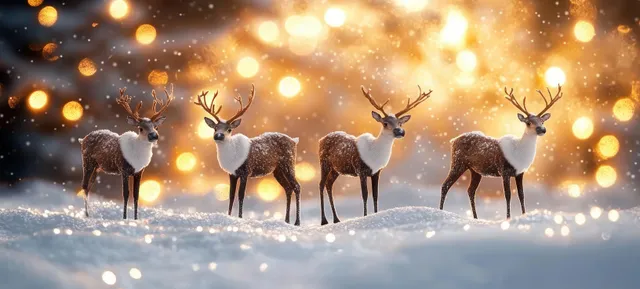 Five reindeer stand on snowy ground as golden bokeh lights and falling snow fill the background.