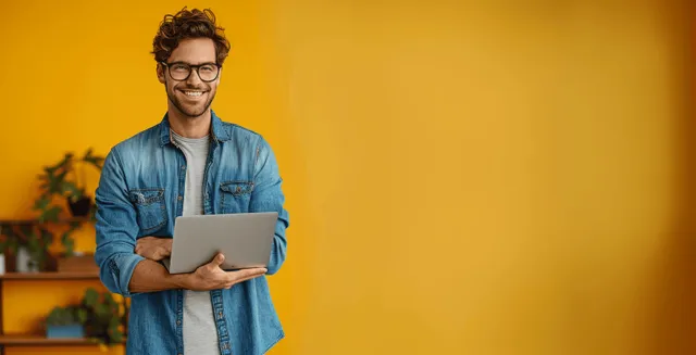 Smiling man in a blue shirt holding an open laptop against a bright yellow studio wall.
