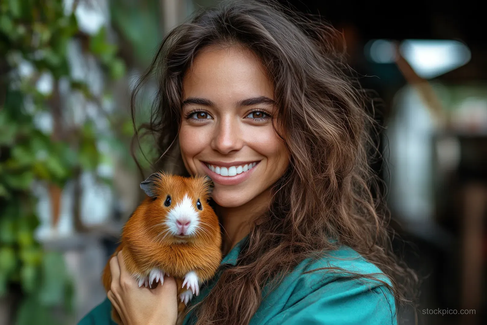 A veterinarian wearing gloves holds a guinea pig in a clinic exam room for veterinary checkup.