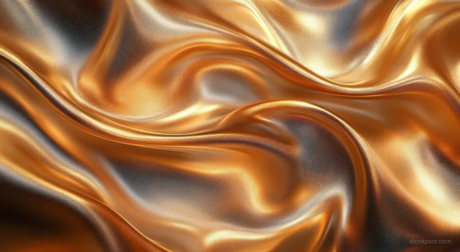 Metallic gold and bronze fabric drapes in smooth waves with bright reflective highlights and soft folds.