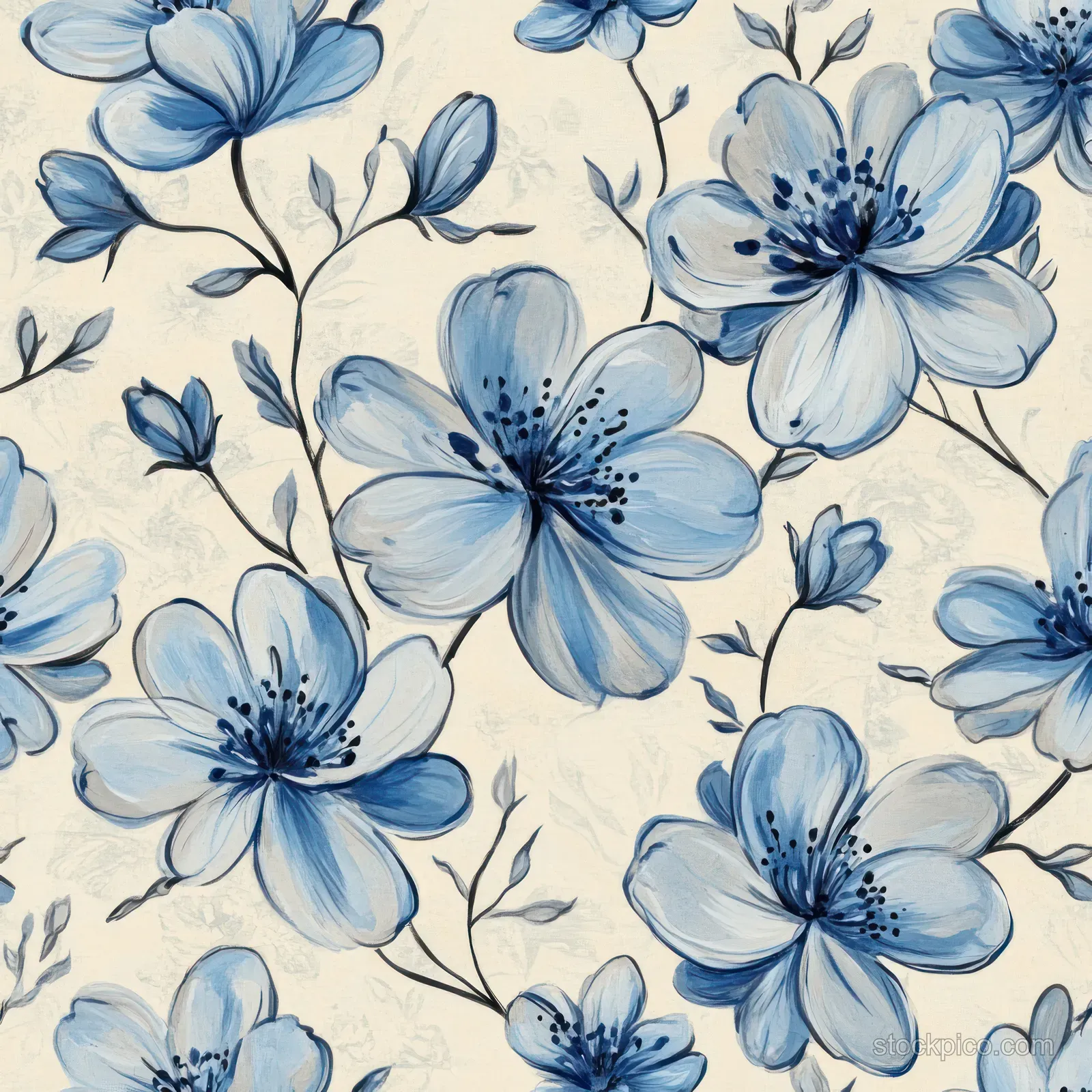 Seamless cream background covered with blue watercolor flowers and thin leafy stems.