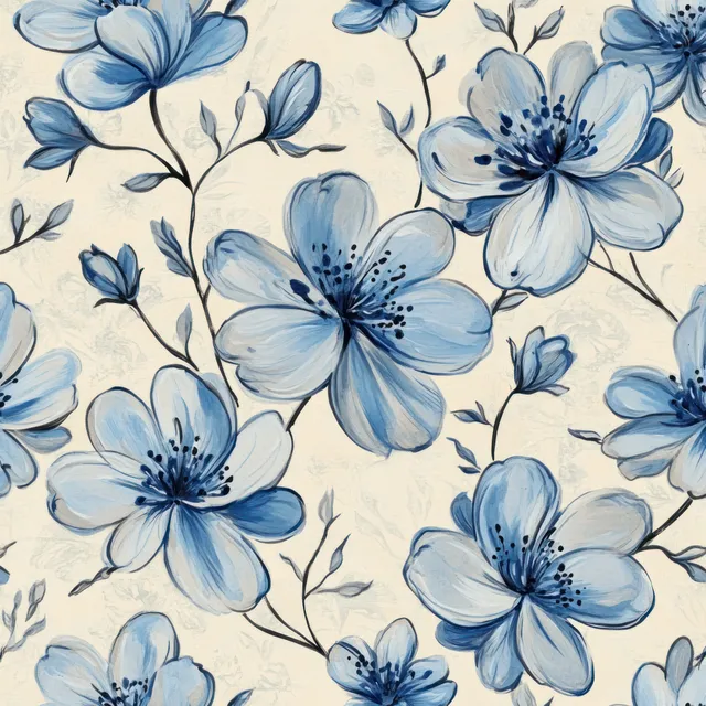 Blue watercolor flowers repeat across a cream background in airy impressionist brushstrokes