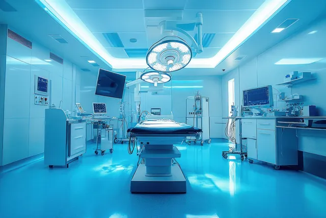 Sterile operating room with overhead surgical lights, an operating table, and medical monitors in blue lighting.