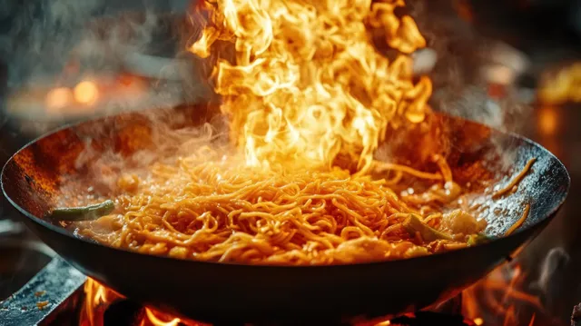 Spicy noodles sizzle in a wok as orange flames and steam rise on a gas burner.