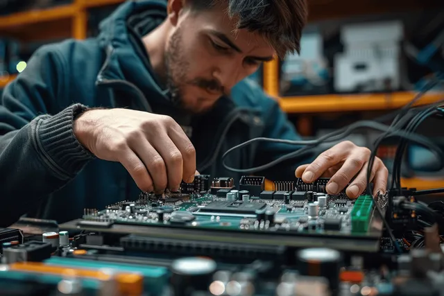 A technician’s hands carefully connect components on an open laptop motherboard in a repair workshop.