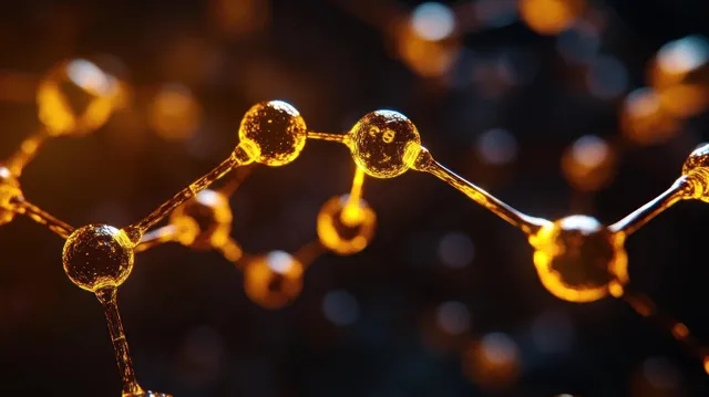 A glowing 3D molecular chain of connected spheres appears in warm yellow light against a dark blurred background.